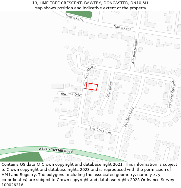 13, LIME TREE CRESCENT, BAWTRY, DONCASTER, DN10 6LL: Location map and indicative extent of plot