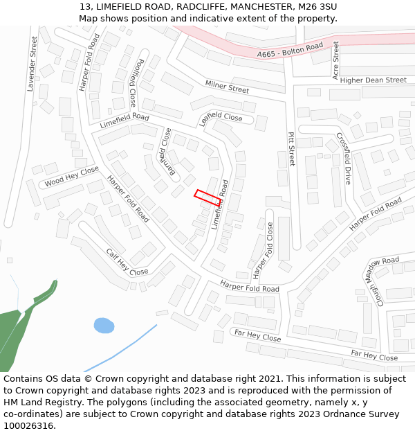 13, LIMEFIELD ROAD, RADCLIFFE, MANCHESTER, M26 3SU: Location map and indicative extent of plot