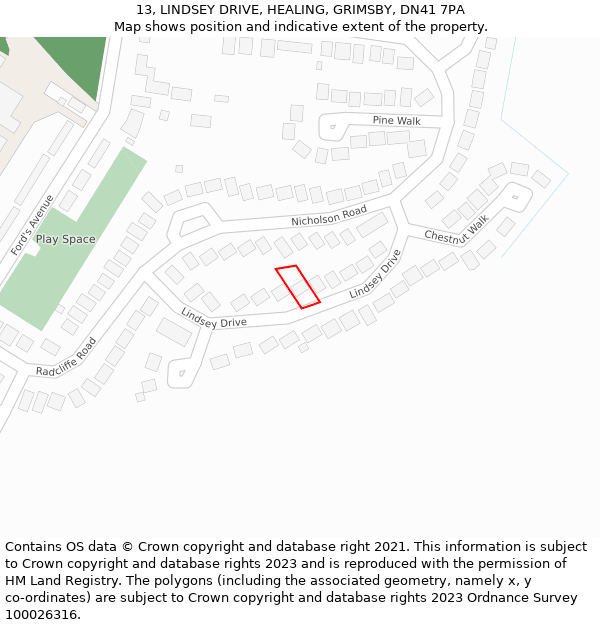 13, LINDSEY DRIVE, HEALING, GRIMSBY, DN41 7PA: Location map and indicative extent of plot