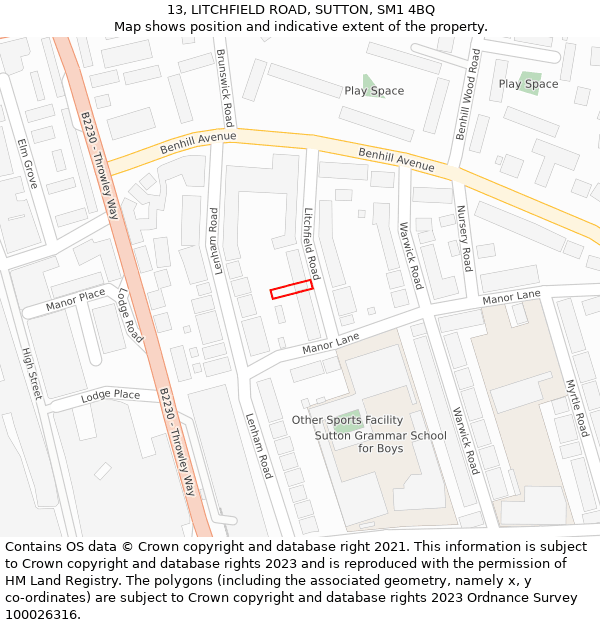 13, LITCHFIELD ROAD, SUTTON, SM1 4BQ: Location map and indicative extent of plot