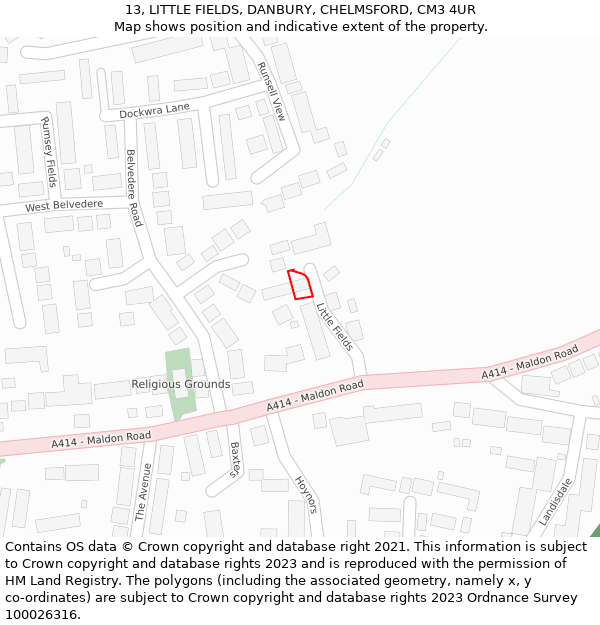 13, LITTLE FIELDS, DANBURY, CHELMSFORD, CM3 4UR: Location map and indicative extent of plot