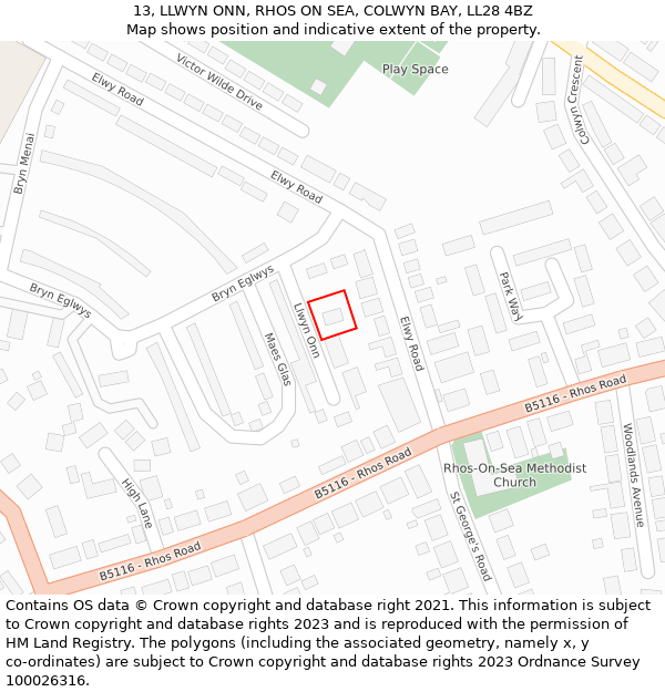 13, LLWYN ONN, RHOS ON SEA, COLWYN BAY, LL28 4BZ: Location map and indicative extent of plot