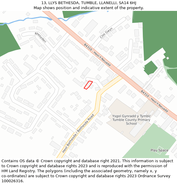 13, LLYS BETHESDA, TUMBLE, LLANELLI, SA14 6HJ: Location map and indicative extent of plot