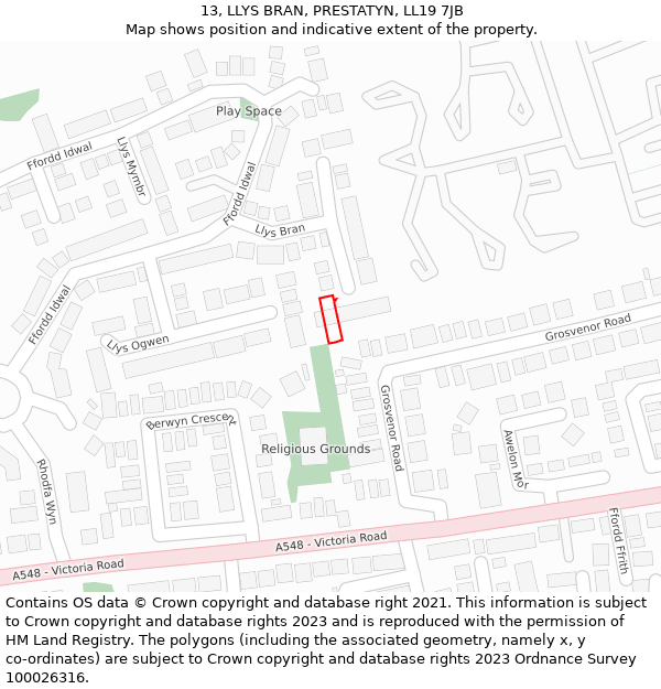 13, LLYS BRAN, PRESTATYN, LL19 7JB: Location map and indicative extent of plot