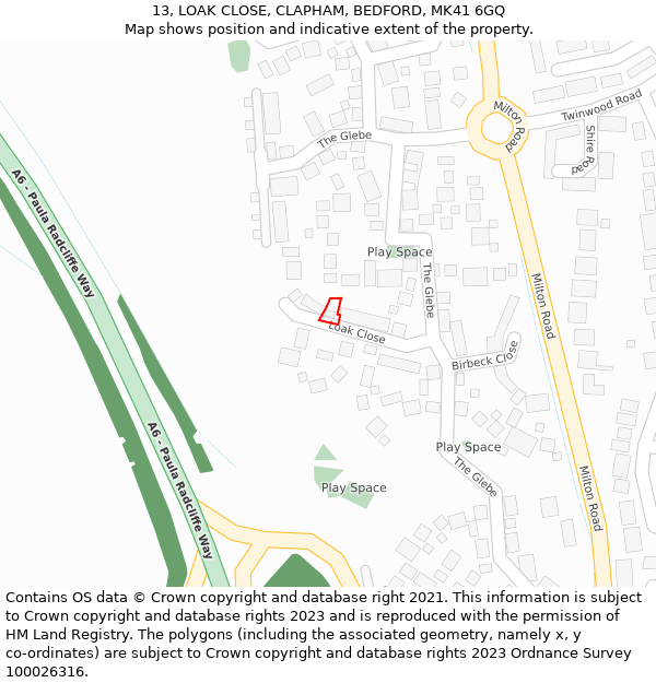 13, LOAK CLOSE, CLAPHAM, BEDFORD, MK41 6GQ: Location map and indicative extent of plot