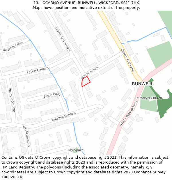 13, LOCARNO AVENUE, RUNWELL, WICKFORD, SS11 7HX: Location map and indicative extent of plot