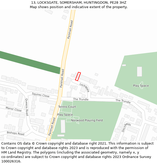 13, LOCKSGATE, SOMERSHAM, HUNTINGDON, PE28 3HZ: Location map and indicative extent of plot