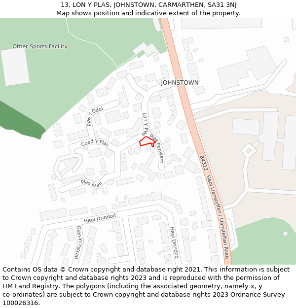 13, LON Y PLAS, JOHNSTOWN, CARMARTHEN, SA31 3NJ: Location map and indicative extent of plot