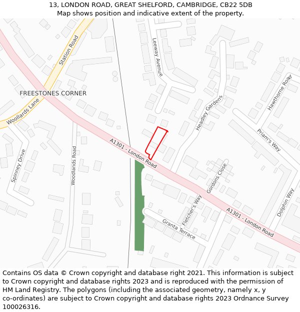 13, LONDON ROAD, GREAT SHELFORD, CAMBRIDGE, CB22 5DB: Location map and indicative extent of plot