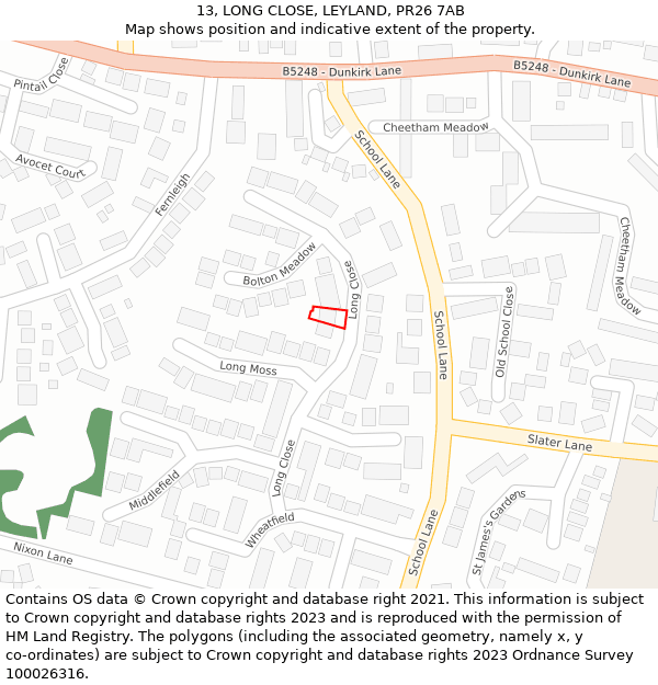 13, LONG CLOSE, LEYLAND, PR26 7AB: Location map and indicative extent of plot