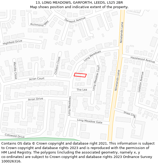 13, LONG MEADOWS, GARFORTH, LEEDS, LS25 2BR: Location map and indicative extent of plot