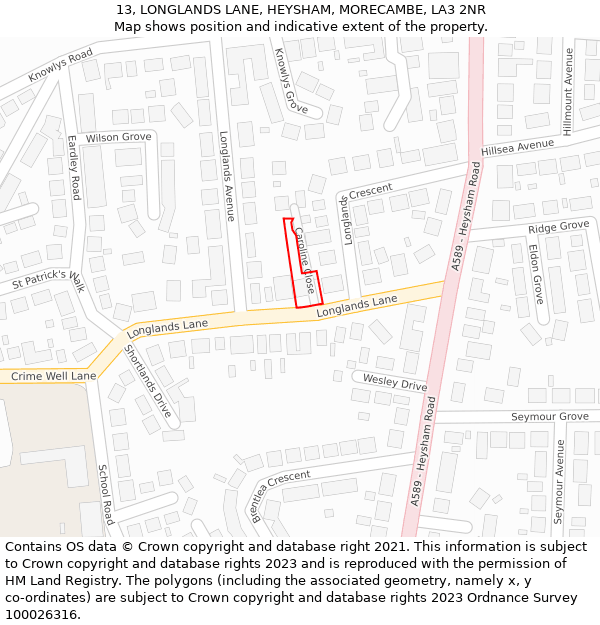 13, LONGLANDS LANE, HEYSHAM, MORECAMBE, LA3 2NR: Location map and indicative extent of plot