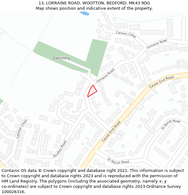 13, LORRAINE ROAD, WOOTTON, BEDFORD, MK43 9DG: Location map and indicative extent of plot