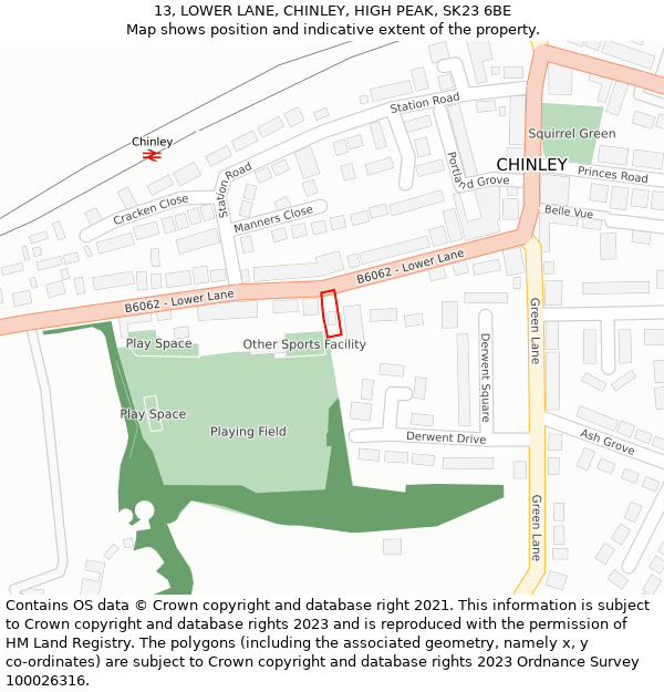 13, LOWER LANE, CHINLEY, HIGH PEAK, SK23 6BE: Location map and indicative extent of plot