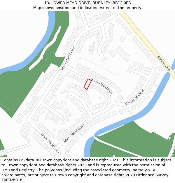13, LOWER MEAD DRIVE, BURNLEY, BB12 0ED: Location map and indicative extent of plot