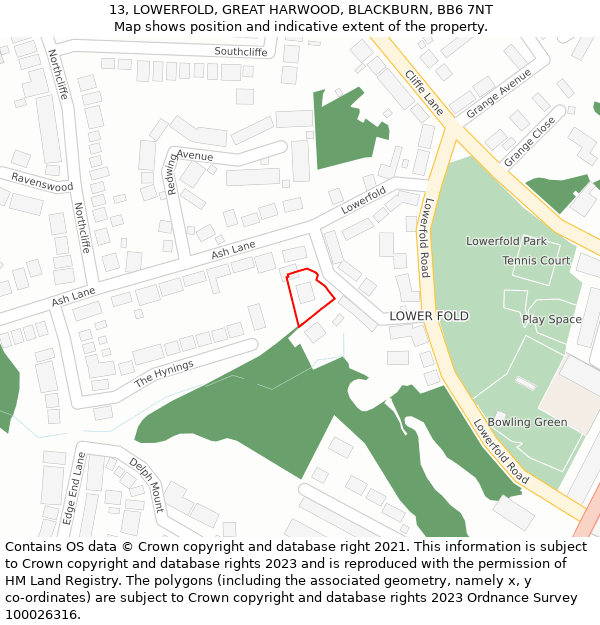 13, LOWERFOLD, GREAT HARWOOD, BLACKBURN, BB6 7NT: Location map and indicative extent of plot