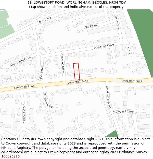 13, LOWESTOFT ROAD, WORLINGHAM, BECCLES, NR34 7DY: Location map and indicative extent of plot