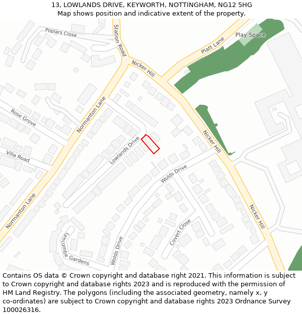 13, LOWLANDS DRIVE, KEYWORTH, NOTTINGHAM, NG12 5HG: Location map and indicative extent of plot