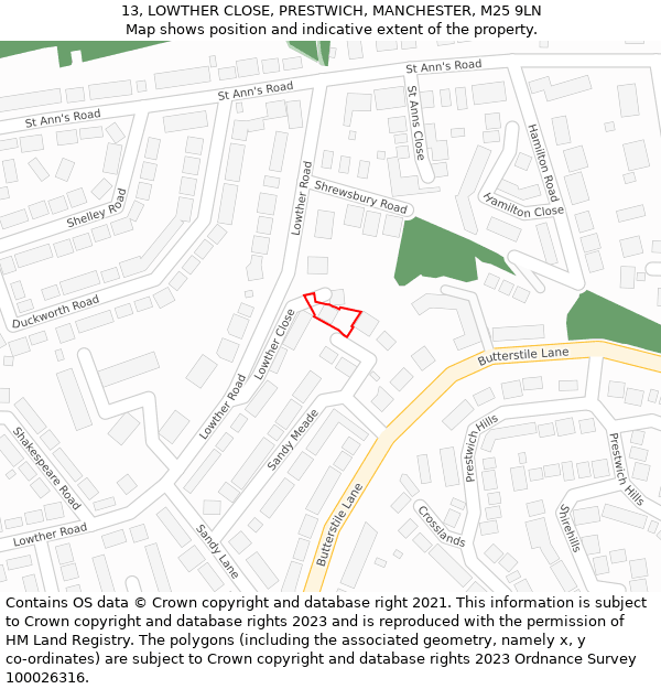 13, LOWTHER CLOSE, PRESTWICH, MANCHESTER, M25 9LN: Location map and indicative extent of plot