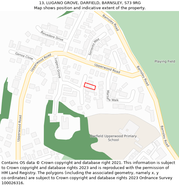 13, LUGANO GROVE, DARFIELD, BARNSLEY, S73 9RG: Location map and indicative extent of plot