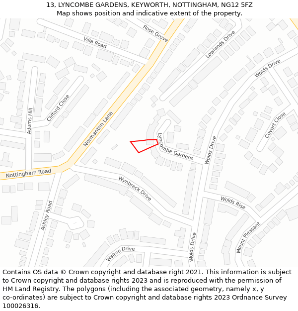 13, LYNCOMBE GARDENS, KEYWORTH, NOTTINGHAM, NG12 5FZ: Location map and indicative extent of plot