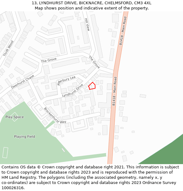13, LYNDHURST DRIVE, BICKNACRE, CHELMSFORD, CM3 4XL: Location map and indicative extent of plot
