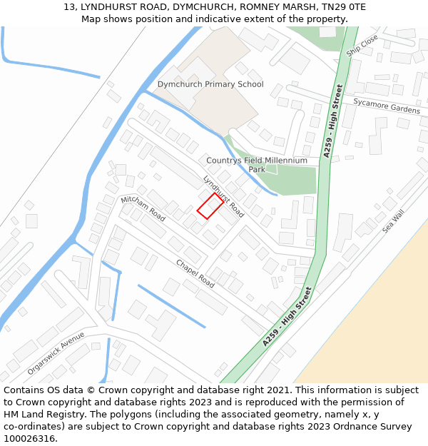 13, LYNDHURST ROAD, DYMCHURCH, ROMNEY MARSH, TN29 0TE: Location map and indicative extent of plot