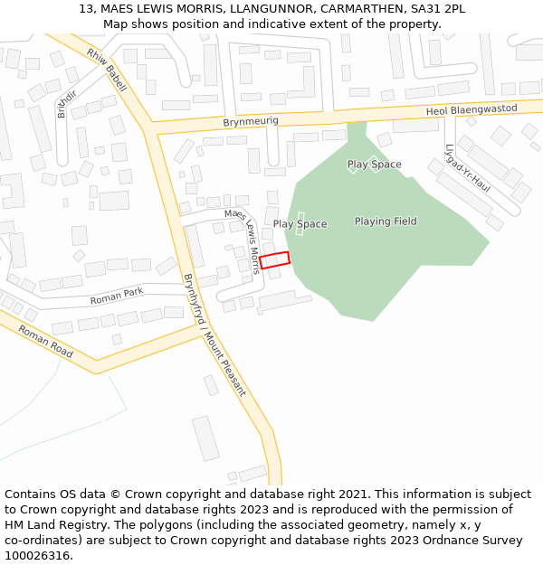 13, MAES LEWIS MORRIS, LLANGUNNOR, CARMARTHEN, SA31 2PL: Location map and indicative extent of plot