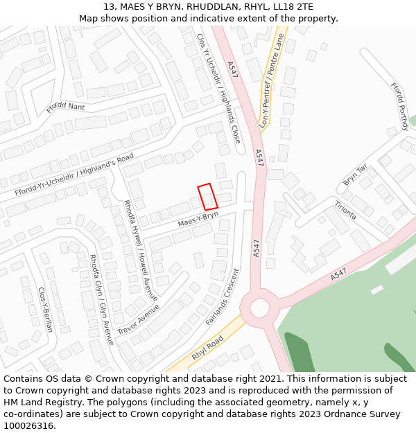 13, MAES Y BRYN, RHUDDLAN, RHYL, LL18 2TE: Location map and indicative extent of plot