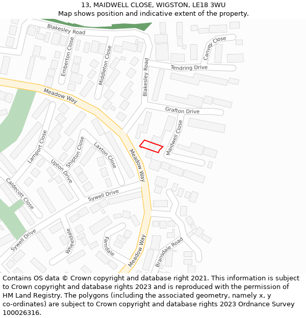 13, MAIDWELL CLOSE, WIGSTON, LE18 3WU: Location map and indicative extent of plot