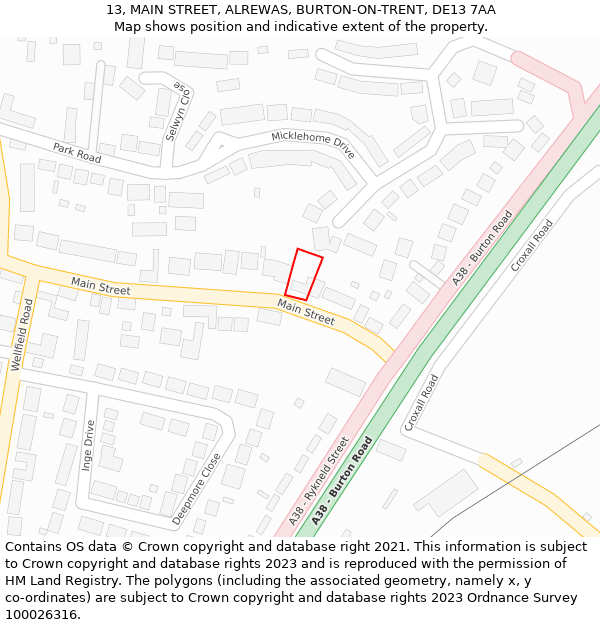13, MAIN STREET, ALREWAS, BURTON-ON-TRENT, DE13 7AA: Location map and indicative extent of plot