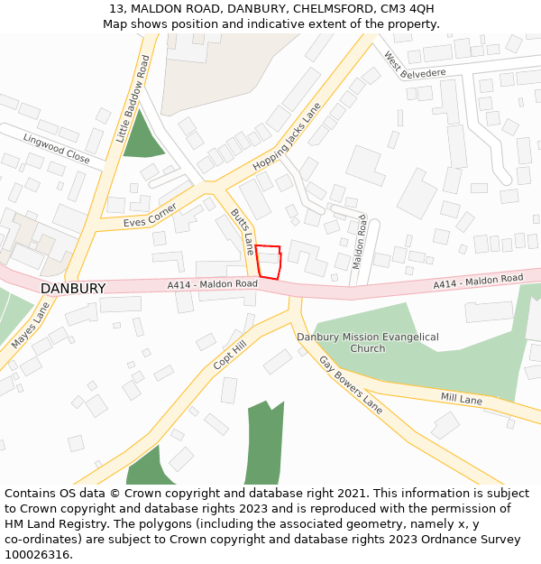 13, MALDON ROAD, DANBURY, CHELMSFORD, CM3 4QH: Location map and indicative extent of plot