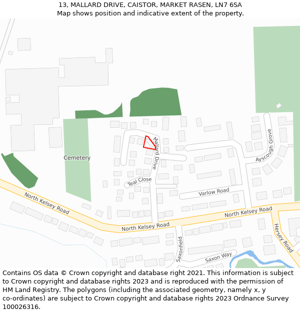 13, MALLARD DRIVE, CAISTOR, MARKET RASEN, LN7 6SA: Location map and indicative extent of plot