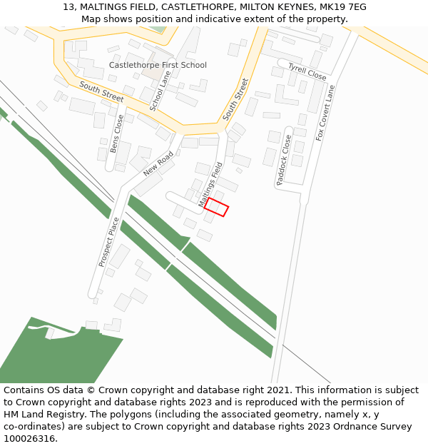 13, MALTINGS FIELD, CASTLETHORPE, MILTON KEYNES, MK19 7EG: Location map and indicative extent of plot