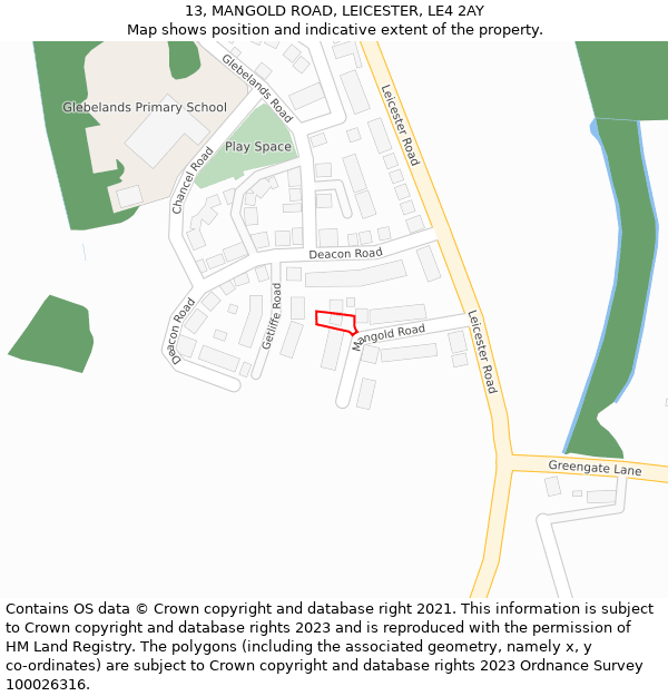 13, MANGOLD ROAD, LEICESTER, LE4 2AY: Location map and indicative extent of plot