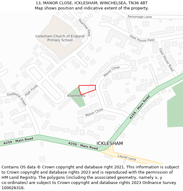 13, MANOR CLOSE, ICKLESHAM, WINCHELSEA, TN36 4BT: Location map and indicative extent of plot