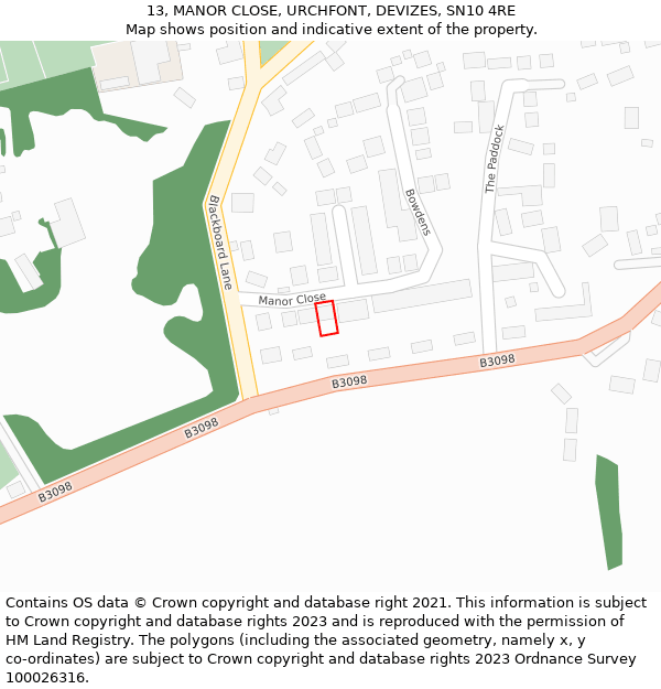 13, MANOR CLOSE, URCHFONT, DEVIZES, SN10 4RE: Location map and indicative extent of plot