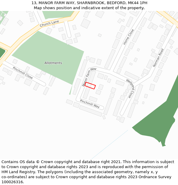 13, MANOR FARM WAY, SHARNBROOK, BEDFORD, MK44 1PH: Location map and indicative extent of plot