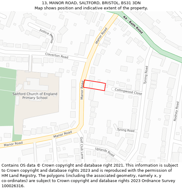 13, MANOR ROAD, SALTFORD, BRISTOL, BS31 3DN: Location map and indicative extent of plot