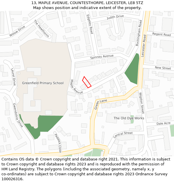 13, MAPLE AVENUE, COUNTESTHORPE, LEICESTER, LE8 5TZ: Location map and indicative extent of plot