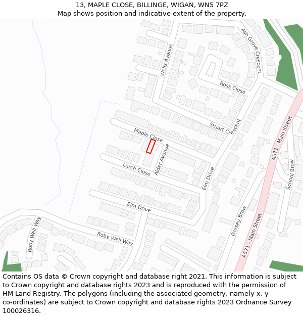 13, MAPLE CLOSE, BILLINGE, WIGAN, WN5 7PZ: Location map and indicative extent of plot