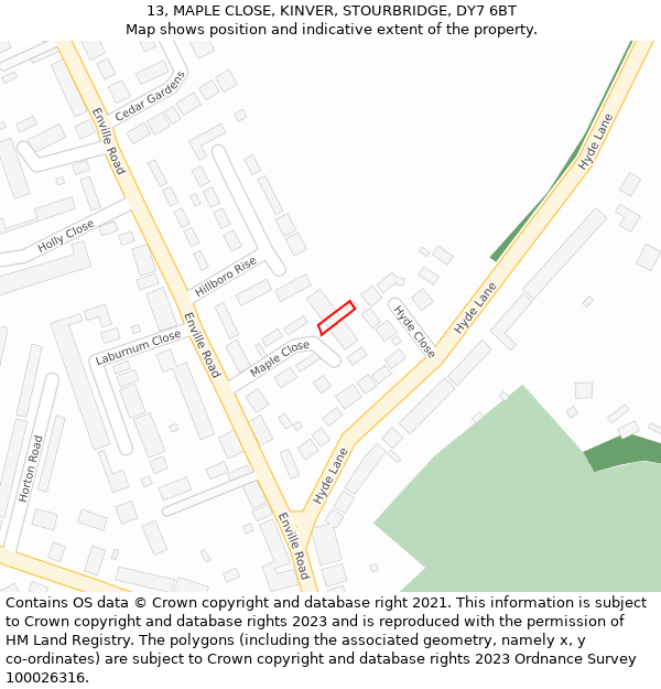 13, MAPLE CLOSE, KINVER, STOURBRIDGE, DY7 6BT: Location map and indicative extent of plot