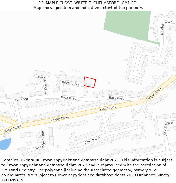 13, MAPLE CLOSE, WRITTLE, CHELMSFORD, CM1 3FL: Location map and indicative extent of plot