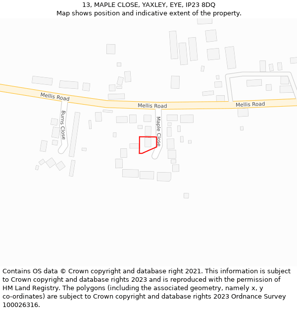 13, MAPLE CLOSE, YAXLEY, EYE, IP23 8DQ: Location map and indicative extent of plot