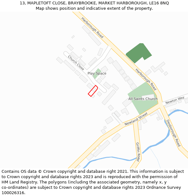 13, MAPLETOFT CLOSE, BRAYBROOKE, MARKET HARBOROUGH, LE16 8NQ: Location map and indicative extent of plot