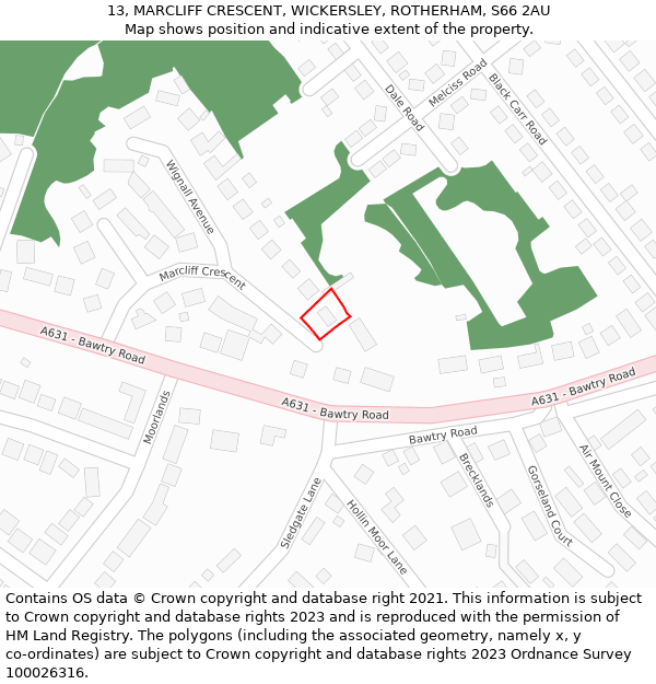 13, MARCLIFF CRESCENT, WICKERSLEY, ROTHERHAM, S66 2AU: Location map and indicative extent of plot
