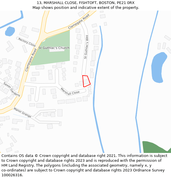 13, MARSHALL CLOSE, FISHTOFT, BOSTON, PE21 0RX: Location map and indicative extent of plot