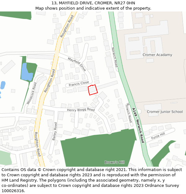 13, MAYFIELD DRIVE, CROMER, NR27 0HN: Location map and indicative extent of plot