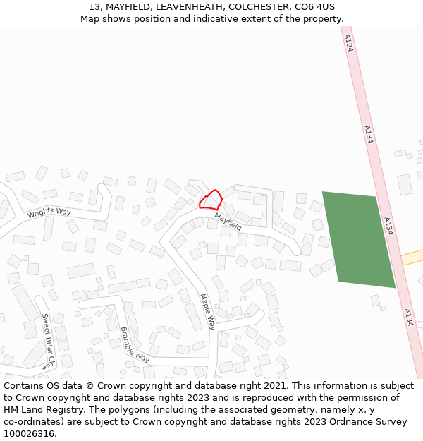 13, MAYFIELD, LEAVENHEATH, COLCHESTER, CO6 4US: Location map and indicative extent of plot