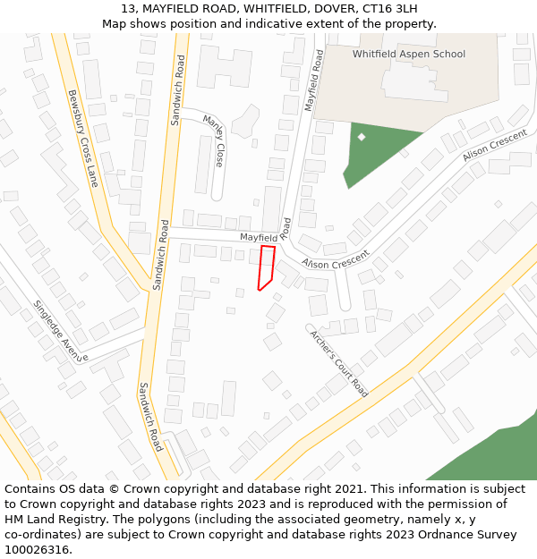 13, MAYFIELD ROAD, WHITFIELD, DOVER, CT16 3LH: Location map and indicative extent of plot